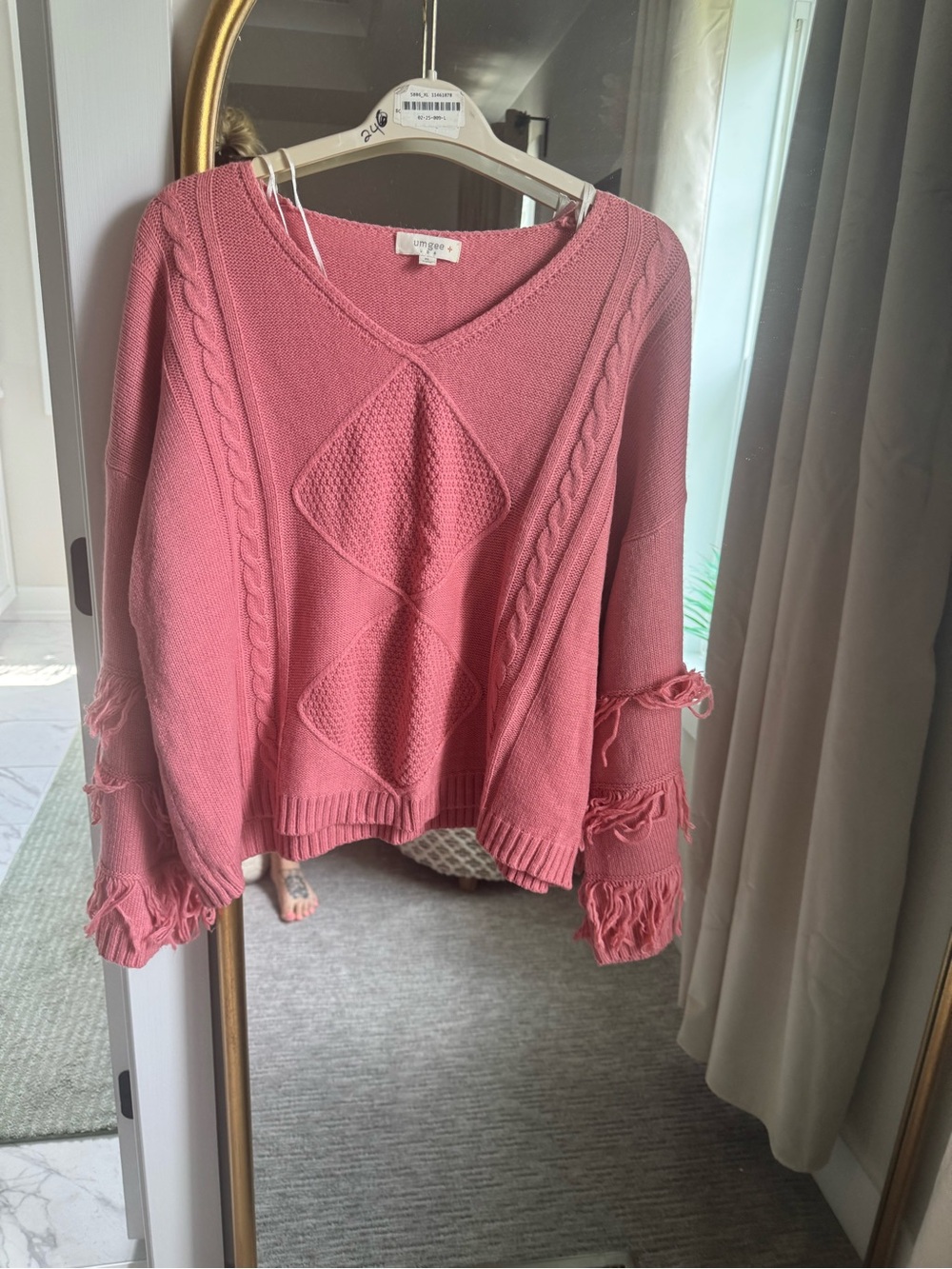 Umgee Rose Pink V-Neck Cable Knit Fringe Sleeve Sweater